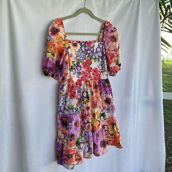 Express Spring Meadow Tiered Puff Sleeve Square Neck Dress M - Picture 2 of 8